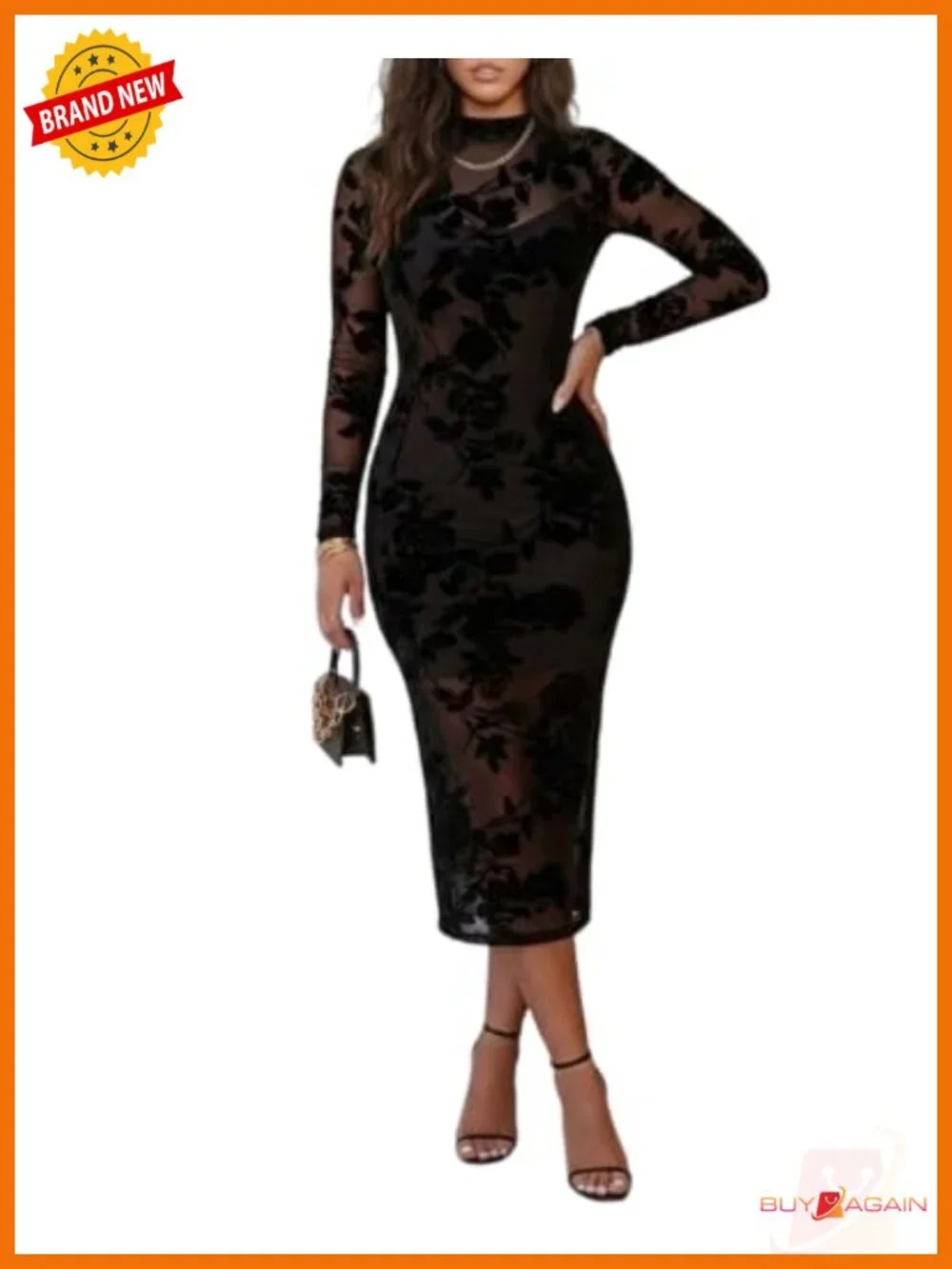 Flocked Floral Lace Long Sleeve Bodycon Midi Dress Mock Neck Formal